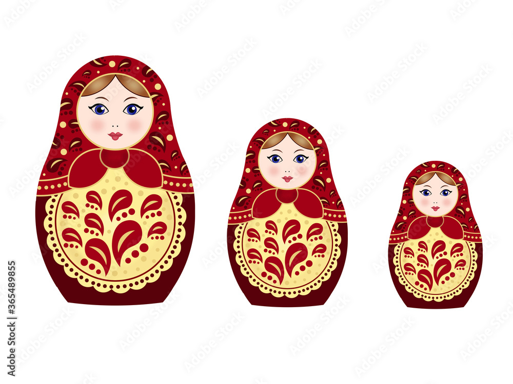 Three russian nesting dolls matryoshka isolated on white background