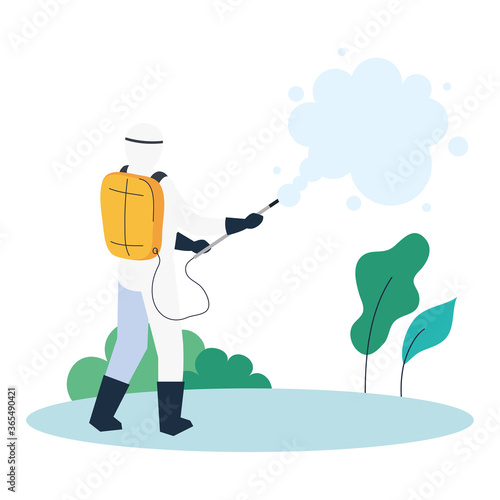 person in protective suit or clothing, spray to cleaning and disinfect virus on outdoor, covid 19 disease on white background vector illustration design