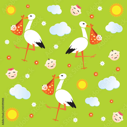 Seamless cartoon background with storks carrying newborn babies.Vector illustration