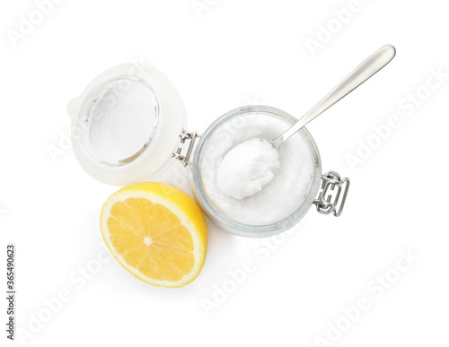 Cuadro en lienzo Baking soda and lemon on white background, top view
