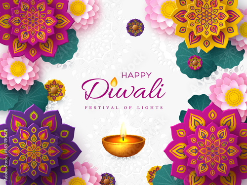 Diwali, festival of lights holiday banner with paper cut style of Indian Rangoli, diya - oil lamp and lotus flowers. White color background. Vector illustration.