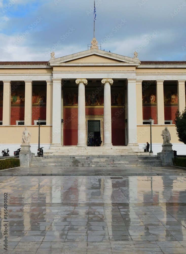December 2019, Athens, Greece. The old University building on a rainy day