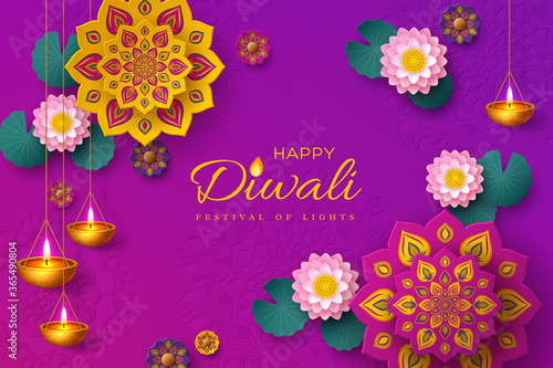 Diwali, festival of lights holiday banner with paper cut style of Indian Rangoli, diya - oil lamp and lotus flowers. Purple color background. Vector illustration.