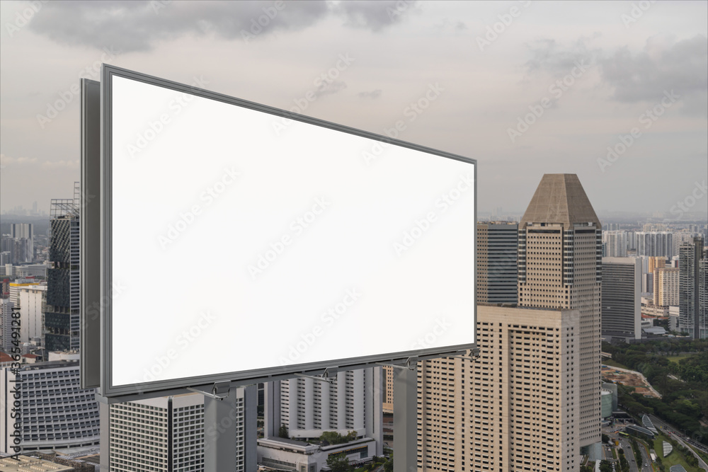 Blank white road billboard with Singapore cityscape background at sunset. Street advertising poster, mock up, 3D rendering. Side view. The concept of marketing communication to sell idea. Blank white road billboard with Singapore cityscape background at sunset. Street advertising poster, mock up, 3D rendering. Side view. The concept of marketing communication to sell idea.