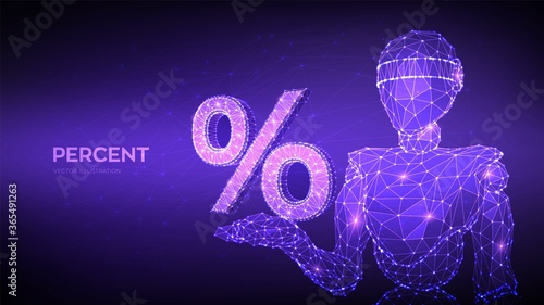 Percent sign. Abstract 3d robot holding percent symbol in hand. Business concept of banking, calculation, discount. Low polygonal geometry triangle, lines, dots on blue background. Vector illustration