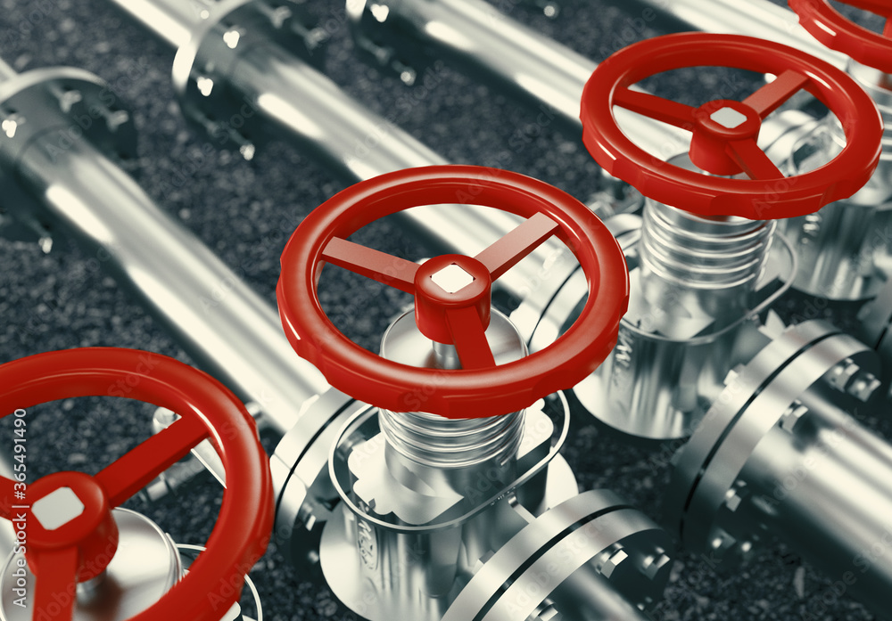 Oil or gas pipe line valves. Oil and gas extraction, production and transportation industrial background. 3d rendering Oil or gas pipe line valves. Oil and gas extraction, production and transportation industrial background. 3d rendering