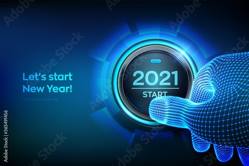 2021 start. Finger about to press a button with the text 2021 start. Happy new year. New Year two thousand and twenty one is coming concept. Vector illustration.