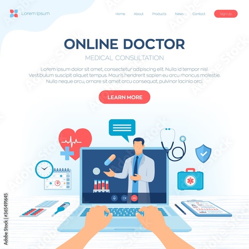 Online medical consultation and support services concept. Online healthcare and medical advise. Tele medicine e-health service. Doctor videocalling on laptop screen. Colourful flat vector illustration