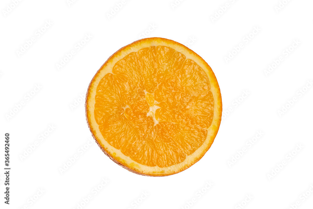 Slice of orange fruit with light shining through backlight showing the structure and details isolated on a white background Slice of orange fruit with light shining through backlight showing the structure and details isolated on a white background