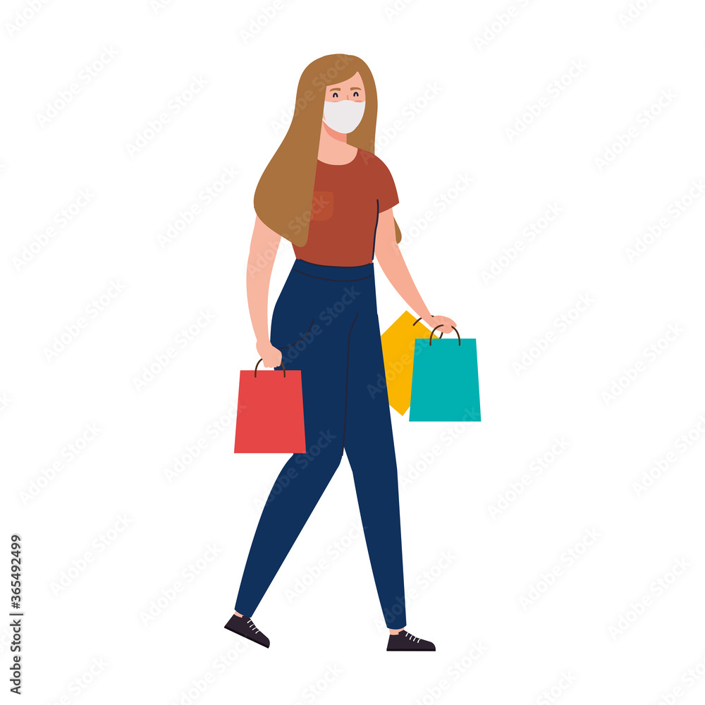 happy woman wearing medical mask, carrying shopping bags on white background vector illustration design