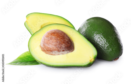 Whole and cut avocados isolated on white