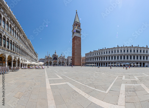 Picture of Plaza San Marco in Venice with Campanile and ST. Marcus Basilika during Crona lockdown without people