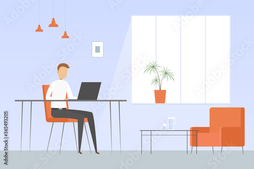 Caucasian man working on laptop. Vector illustration.