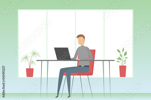 Employee working on computer. Vector illustration.