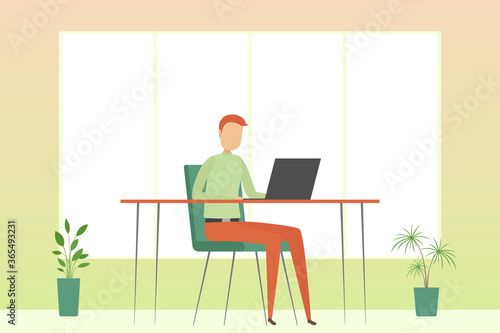 Man working alone in office. Vector illustration.