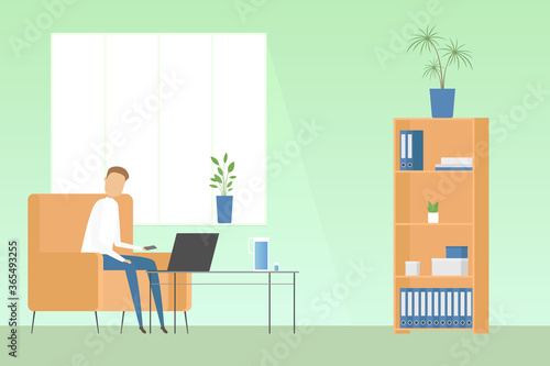 Man sitting with laptop in cozy home office. Teleworking. Vector illustration.