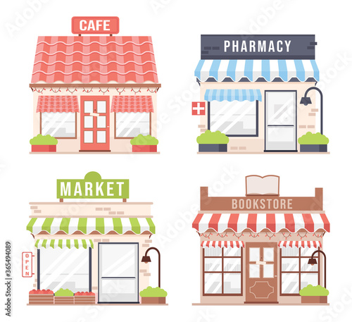Set of colorful detailed cartoon city shops and stores building. Cafe, Pharmacy, Market, Bookstore. Modern, cute flat vector illustration, stores facades isolated on white background.