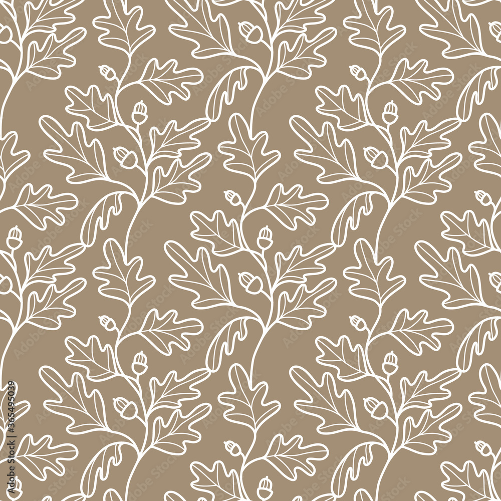 Seamless background with oak leaves and acorns. Botanical pattern for invitations, congratulations, cards, covers, packaging, posters, textiles, wallpapers. Vector illustration.