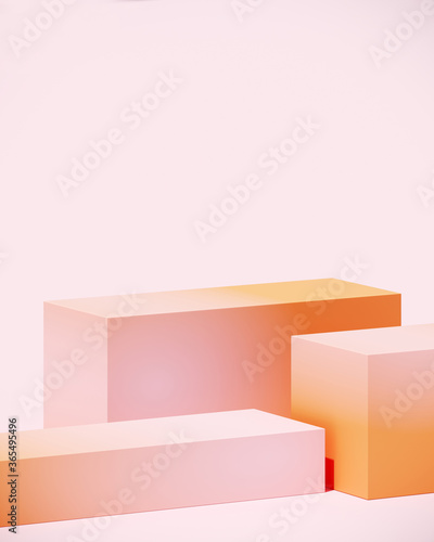 Minimal abstract mockup background for product presentation. Colorful blending vibrant gradient podium on pink background. Clipping path of each element included. 3d render illustration.