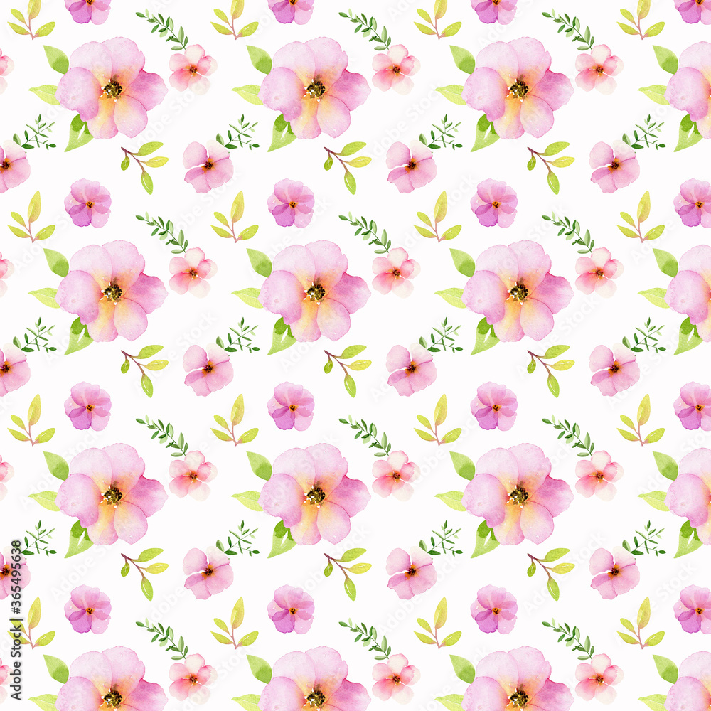 Watercolor seamless pattern on a white background. Flowers rose hips and leaves. 
