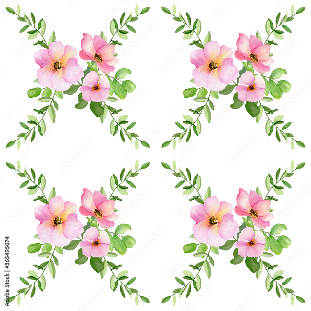 Hand drawn watercolor pink flowers seamless pattern on a white background.