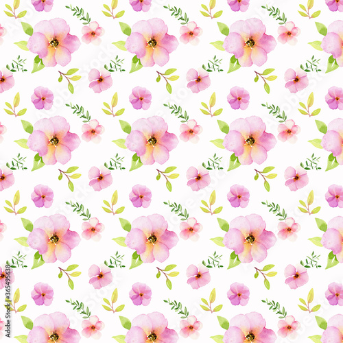 Watercolor seamless pattern on a white background. Flowers rose hips and leaves. 