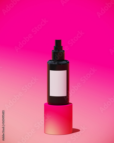Minimal abstract mockup background for product presentation. Cosmetic bottle with blending vibrant gradient podium on pink background. Clipping path of each element included. 3d render illustration.