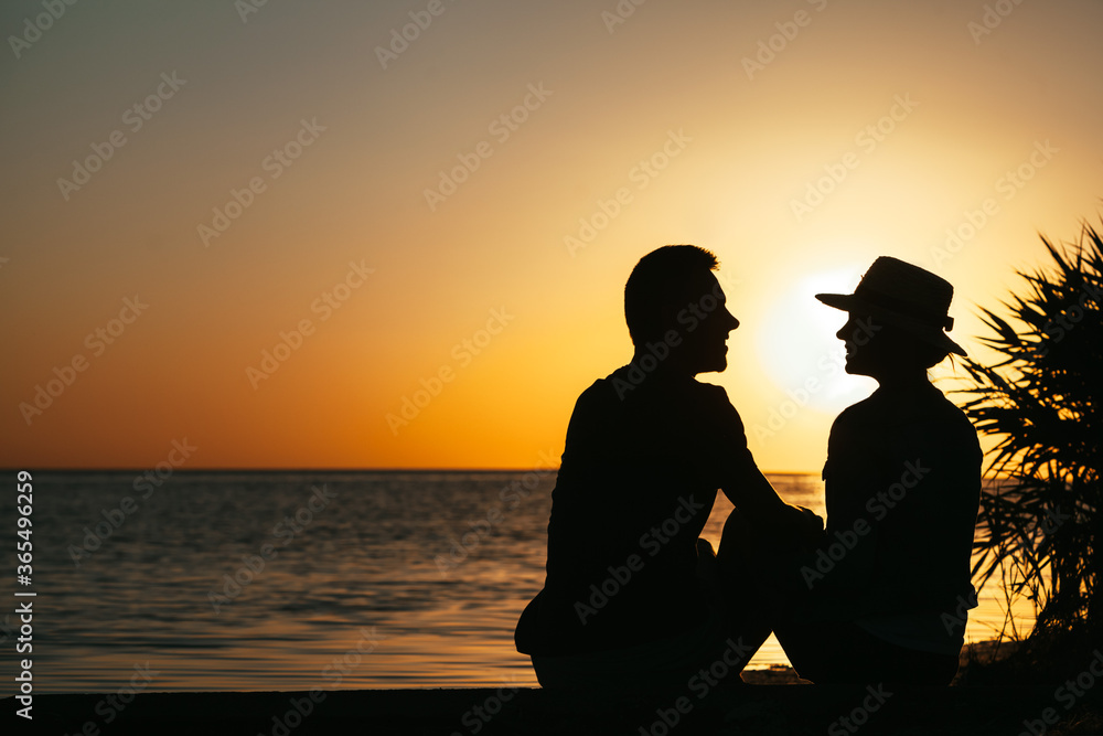 adored by a couple in love on the seashore who enjoys one another at sunset