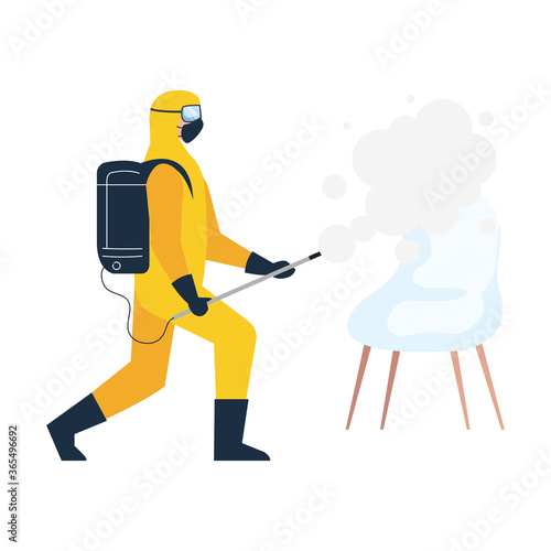 person in protective suit or clothing, spray to cleaning and disinfect virus in chair, covid 19 disease on white background vector illustration design