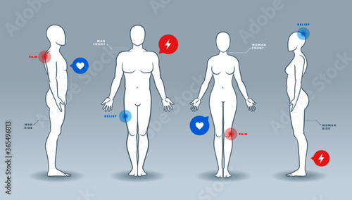 Man and woman vector silhouettes, front and side view, with medical infographics elements