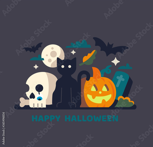 Halloween card with black cat and pumpkin
