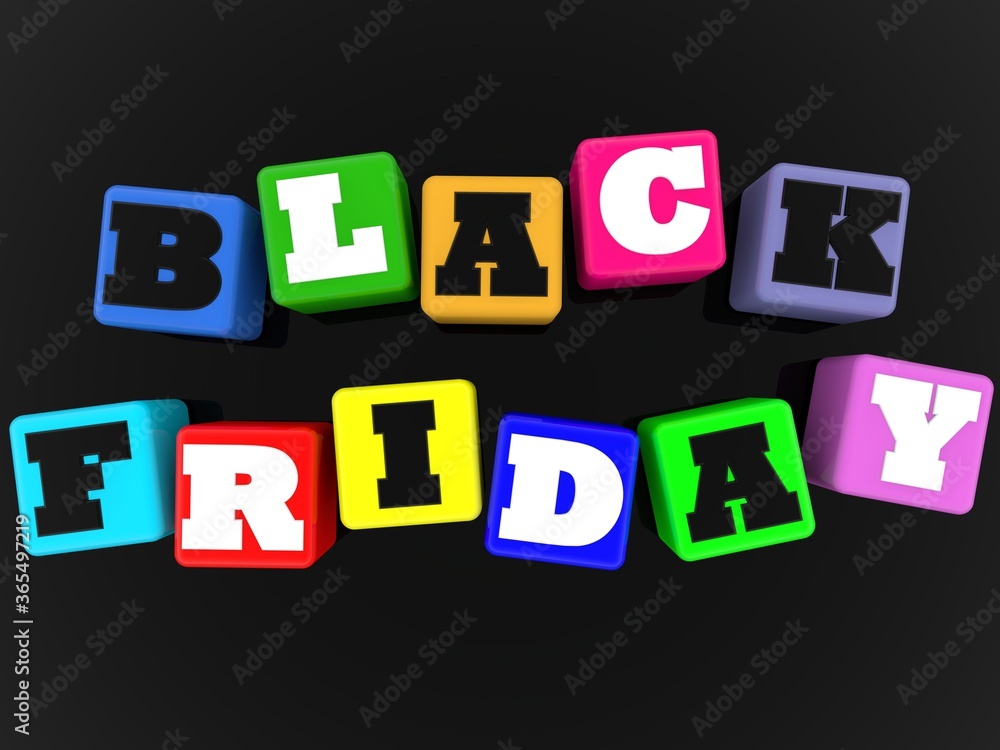 BLACK FRIDAY black and white color concept on colorful toy blocks BLACK FRIDAY black and white color concept on colorful toy blocks