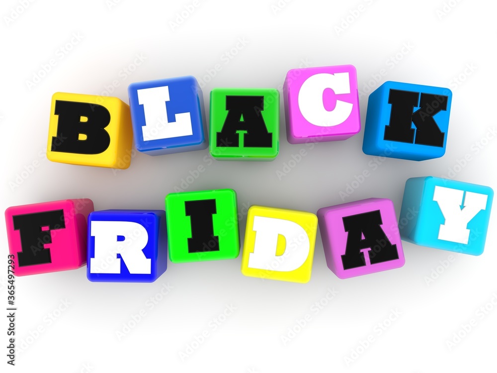 BLACK FRIDAY black and white concept on colored toy blocks on a white background BLACK FRIDAY black and white concept on colored toy blocks on a white background