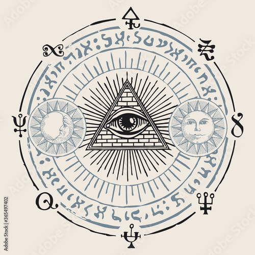Illustration with an all-seeing eye, Sun, Moon, alchemical and Masonic symbols. Hand-drawn vector banner in the form of a circle with a third eye, esoteric and magical signs in retro style