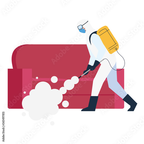 person in protective suit or clothing, spray to cleaning and disinfect virus in couch, covid 19 disease on white background vector illustration design © Gstudio