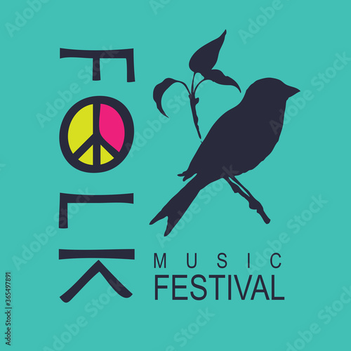 Poster for a folk music festival with a silhouette of a little bird on a branch. Vector illustration, suitable for banner, cover, flyer, invitation, playbill. Music collection