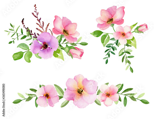 Hand drawn watercolor pink  rose hips set. Pink rose  flowers and leaves isolated on white. Hand painted illustrations. 