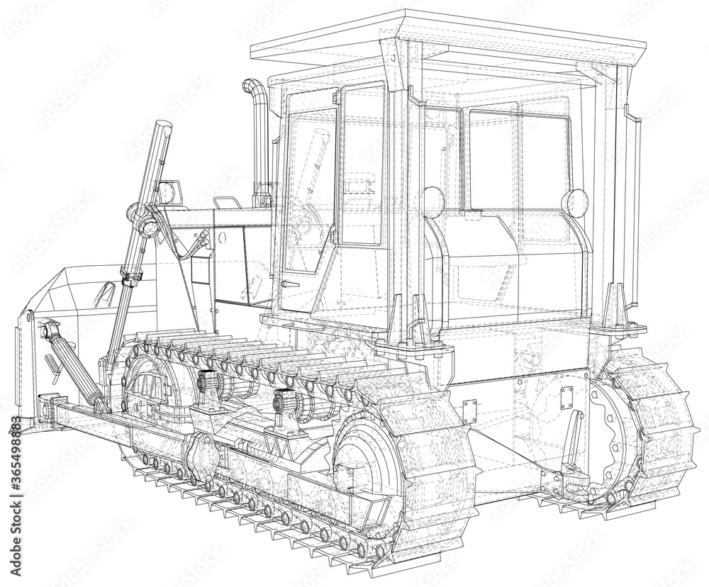 Bulldozer in outline style. Wire-frame line isolated. Vector rendering of 3d.