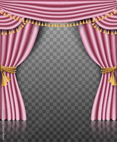 3d realistic vector pink curtain frame with golden decorations on transparent background.
