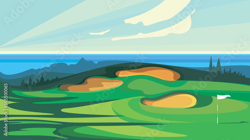 Green golf course. Illustration of outdoor sport.