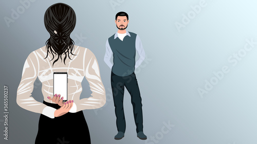 Love relationship. Woman holding phone behind her back for a man. Girlfriend hides the smartphone from boyfriend. Rear view. Realistic vector illustration stock.