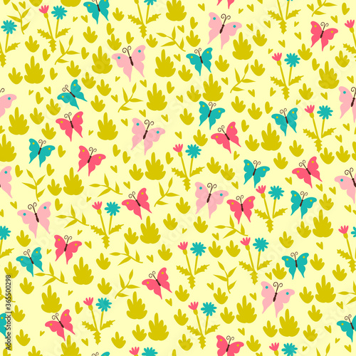 Simple seamless pattern with butterflies fluttering in the meadow. Vector graphics © Екатерина Зирина