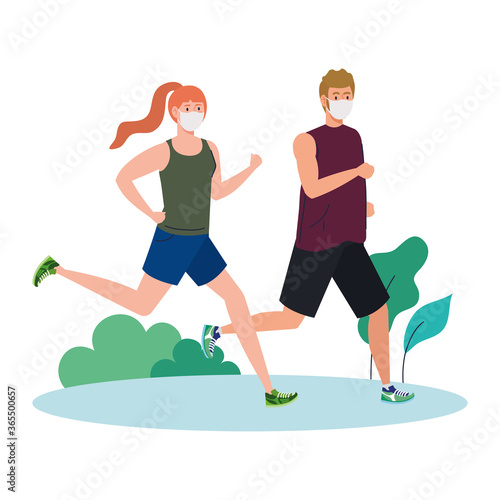 couple marathoner running wearing medical mask, on outdoor, prevention coronavirus covid 19 vector illustration design © Gstudio