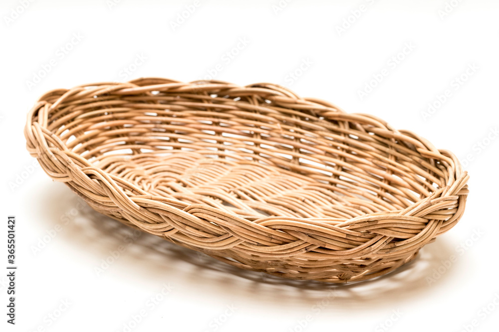 Wicker basket, Wood Serving Tray, Kitchen Tray. Isolated white background.
