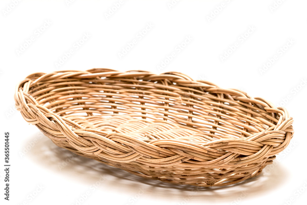 Wicker basket, Wood Serving Tray, Kitchen Tray. Isolated white background.
