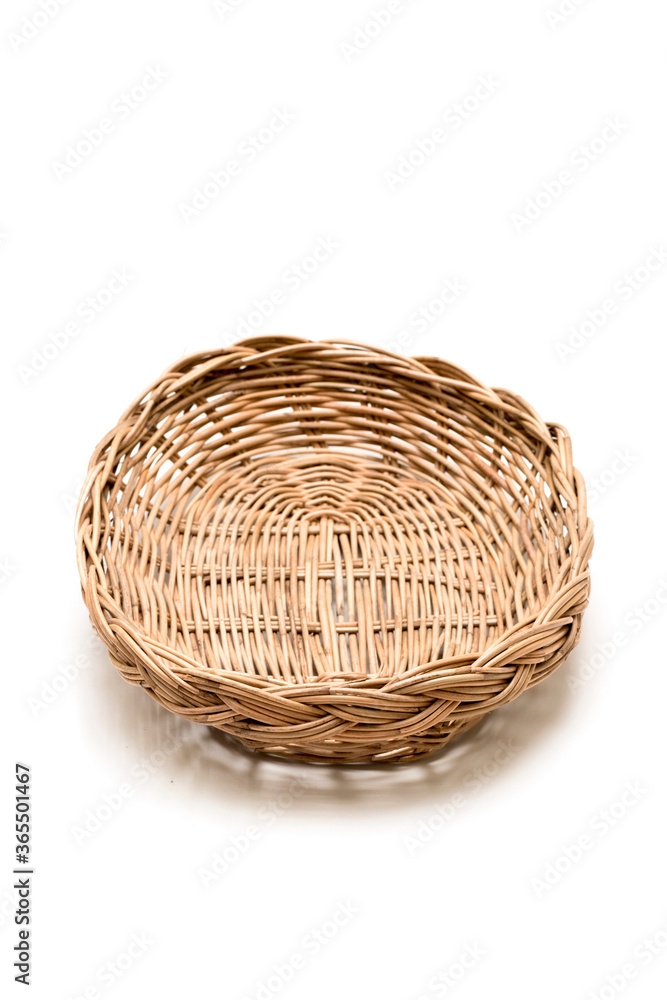 Fototapeta premium Wicker basket, Wood Serving Tray, Kitchen Tray. Isolated white background. 