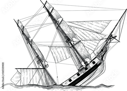 Submersible pirate sailing ship shipwrecked isolated on white background