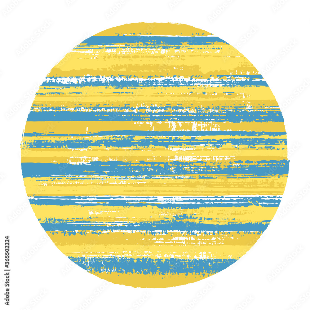Retro circle vector geometric shape with striped texture of paint horizontal lines. Old paint texture disk. Label round shape logotype circle with grunge background of stripes.
