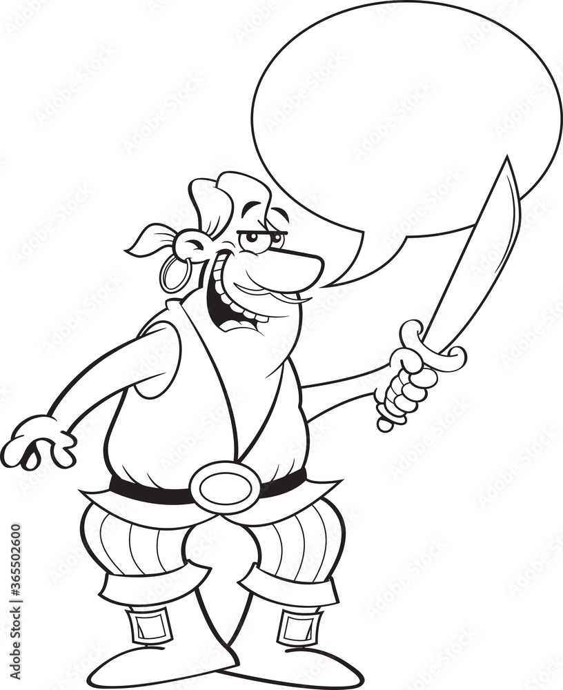 Fototapeta premium Black and white illustration of a smiling pirate holding a cutlass with a caption balloon.