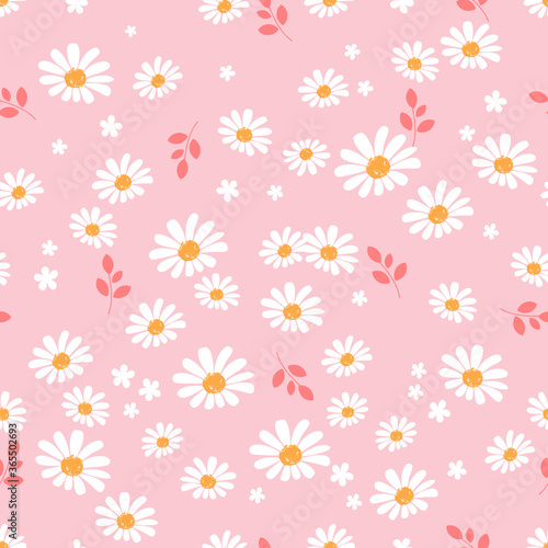 Floral seamless pattern with white daisies flower and leaves on a pink background vector.